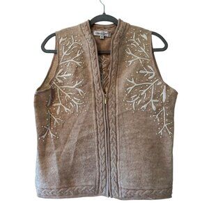 Coldwater Creek Womens Wool Embroidered Brown Tan Zip Up Vest M Winter
